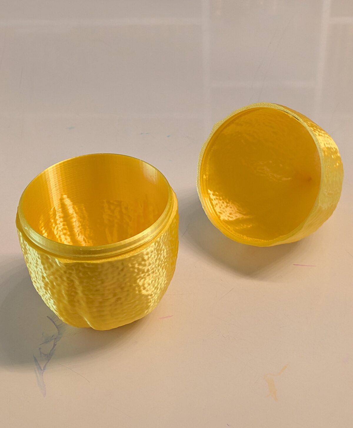 The esrog case open, both halves facing forward, interiors visible.